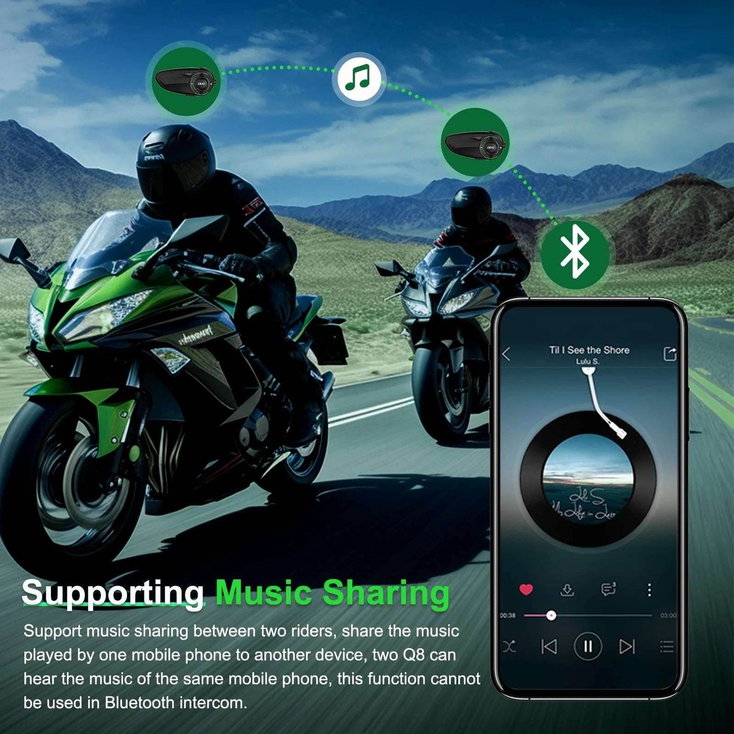 EJEAS Q8 Motorcycle Mesh Intercom with EUC Remote Walkie Talkie Bluetooth Interphone Headset for 6 Riders with Bluetooth 5.1 - EYESPHERE