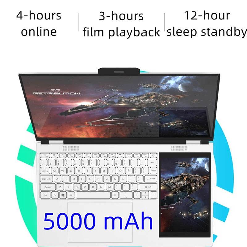 Dual Screen 15.6+7inch Laptop Intel N100 32GB RAM 2TB SSD DDR4 Win11 Fingerprint Unlock HD Camera Backlit Keypad Notebook - EYESPHERE