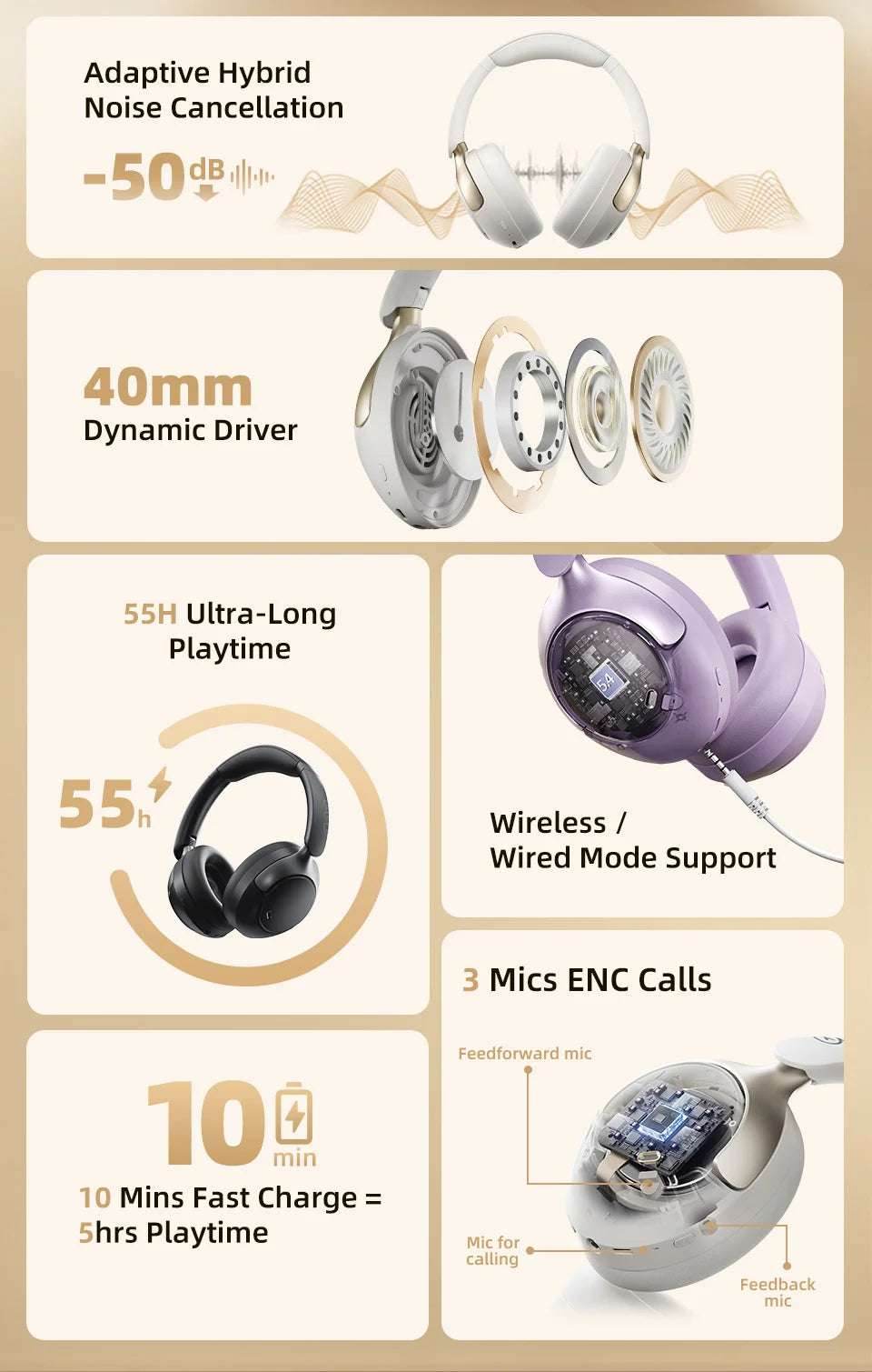 QCY H3 Pro ANC Wireless Headphone 50dB Noise Canceling Hi-Res Spatial Audio Earphone with LDAC Bluetooth 5.4 Over Ear Headset - EYESPHERE