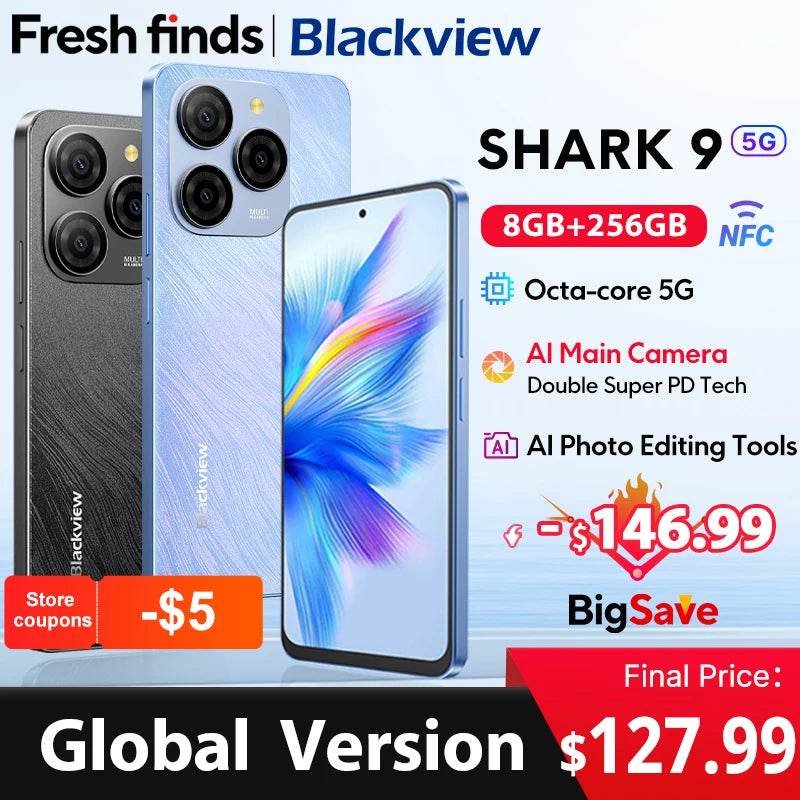 Blackview SHARK 9 5G Smartphone 6.67'' HD+ IPS 90Hz Display NFC 50MP AI Main Camera GPS Android 14 Mobile Phone - EYESPHERE