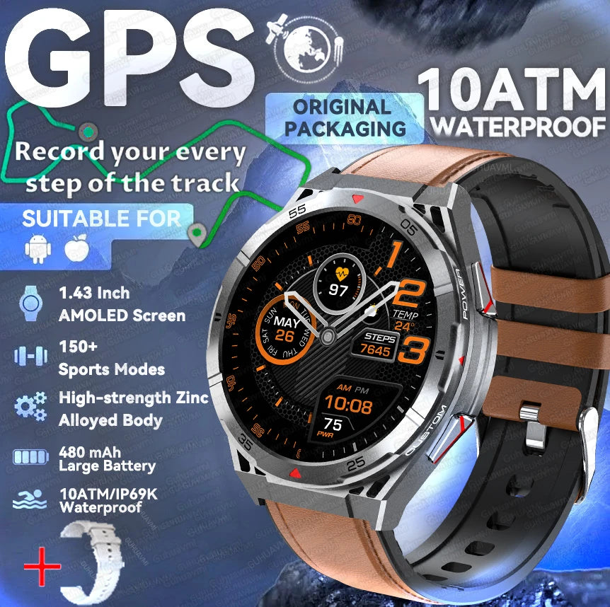 New Military Sports High-precision GPS Smart Watch Men 1.43" Compass 480mAh IP68 Waterproof Bluetooth Call Watch For Android IOS