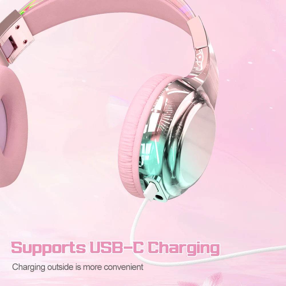 Glossy Gradient Pink Bluetooth5.3 Headphone For Girl Wireless Headphone with Mic Over Ear Headset Gift - EYESPHERE