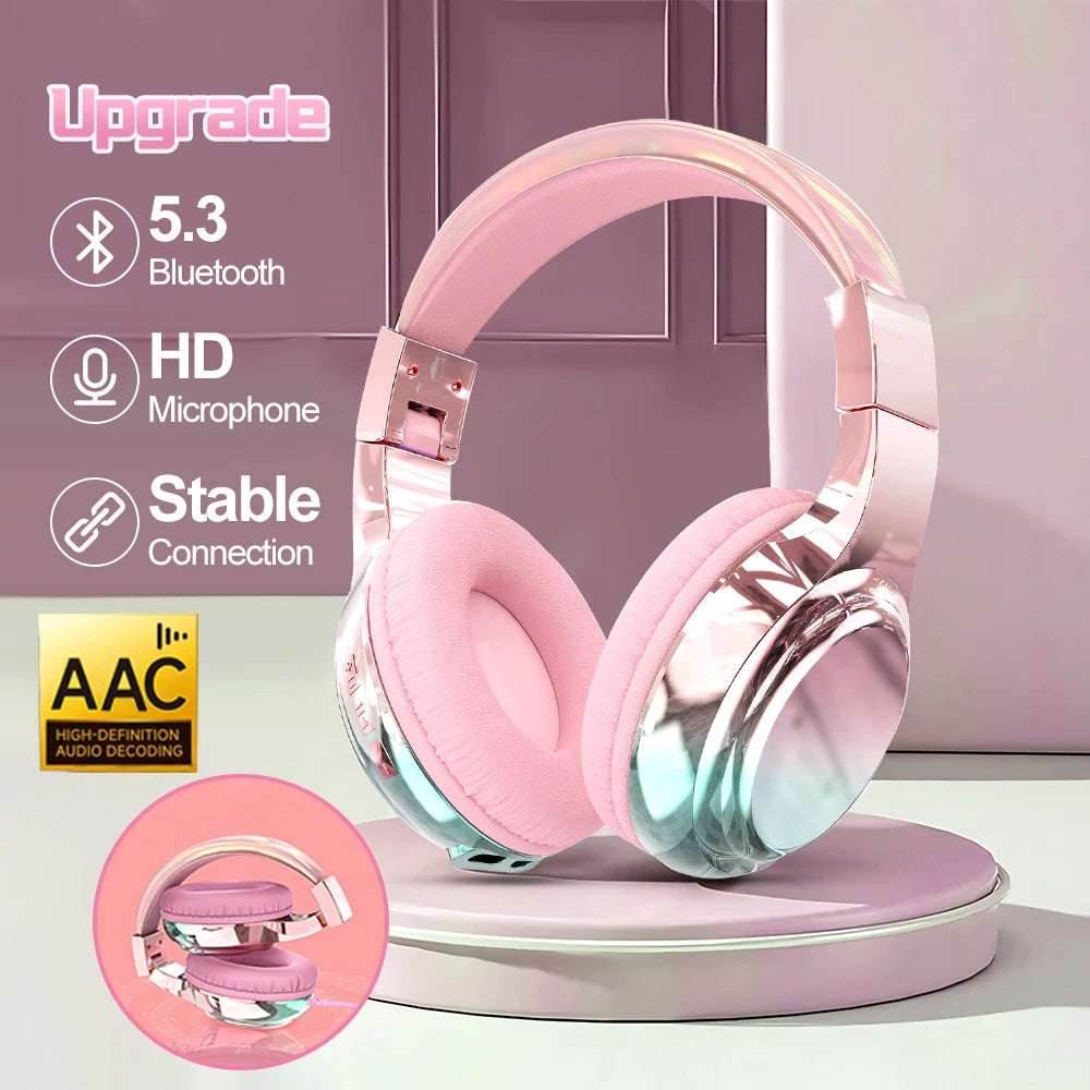 Glossy Gradient Pink Bluetooth5.3 Headphone For Girl Wireless Headphone with Mic Over Ear Headset Gift - EYESPHERE