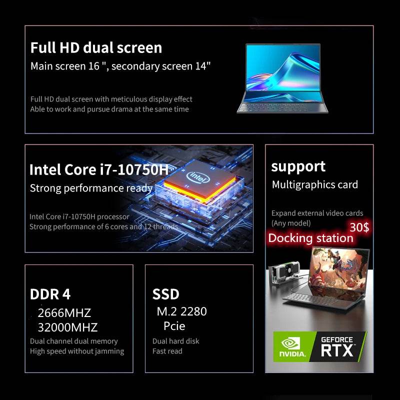 AKPAD Intel Xeon W-10885M Dual Screen 16 Inch (14 Inch Touch Screen) Gaming Laptop Notebook Windows 10 11 Pro - EYESPHERE