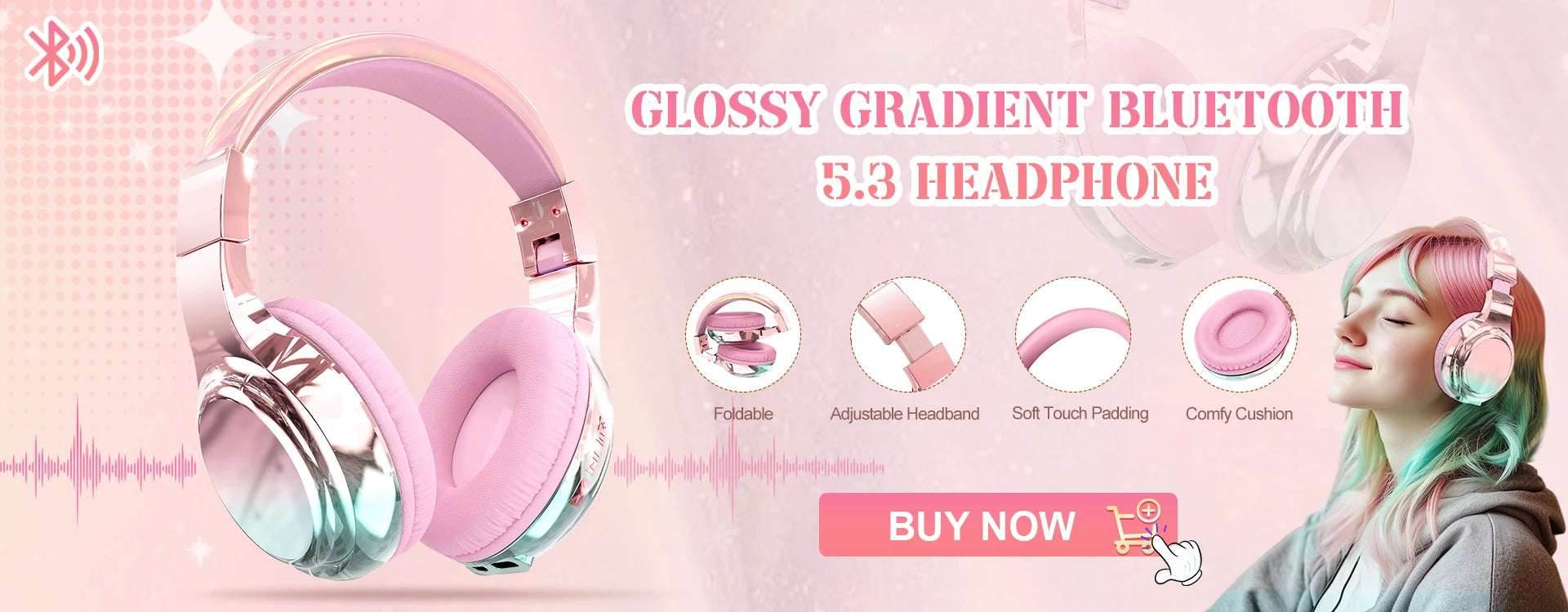 Glossy Gradient Pink Bluetooth5.3 Headphone For Girl Wireless Headphone with Mic Over Ear Headset Gift - EYESPHERE