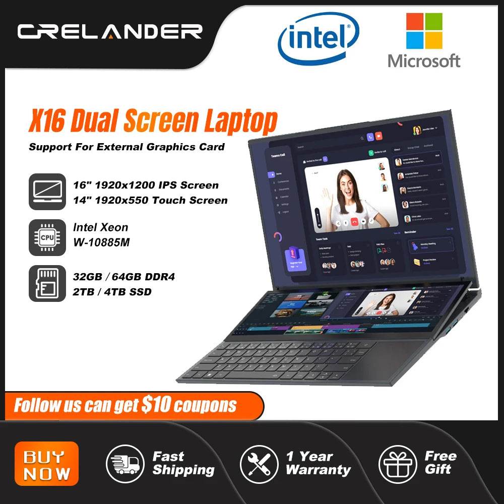 CRELANDER Double Screen Laptop Intel 10th Generation Windows 11 Touch Screen Gamer Laptop PC Portable Notebook Compu - EYESPHERE