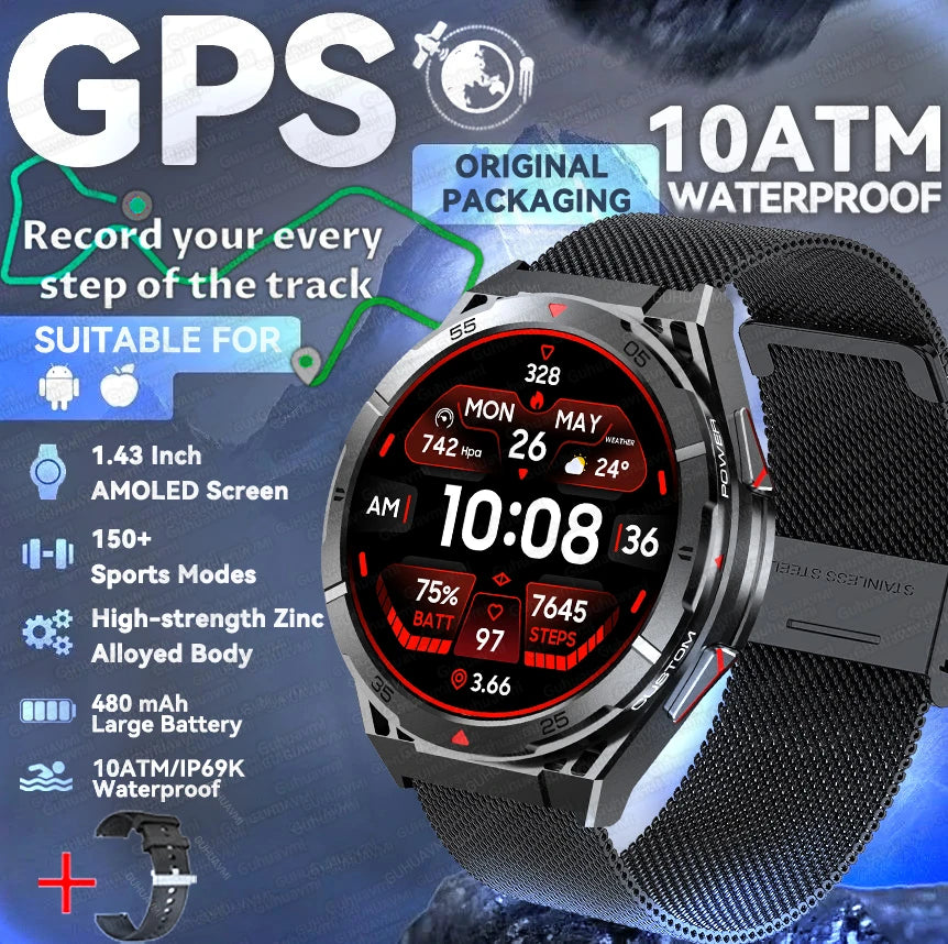 New Military Sports High-precision GPS Smart Watch Men 1.43" Compass 480mAh IP68 Waterproof Bluetooth Call Watch For Android IOS