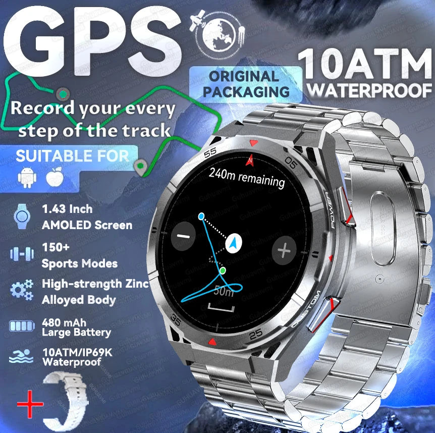 New Military Sports High-precision GPS Smart Watch Men 1.43" Compass 480mAh IP68 Waterproof Bluetooth Call Watch For Android IOS