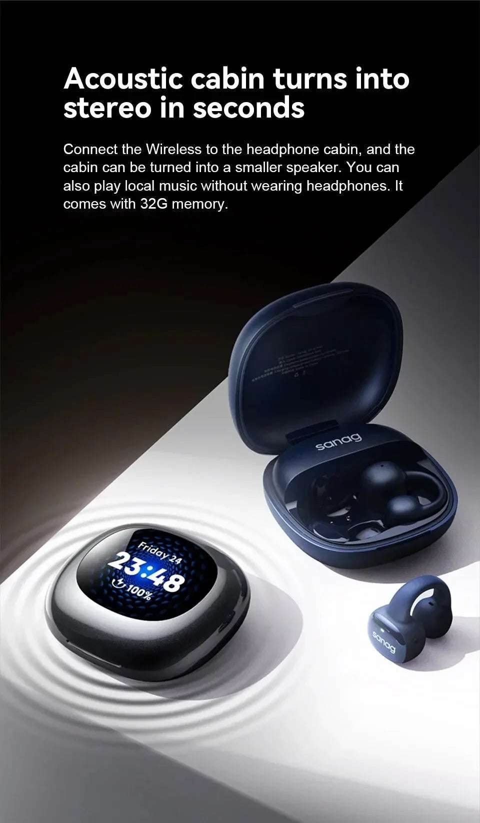 Sanag S5Pro OpenEarClip Wireless Earphone TWS Bluetooth Headphones LED Screen Gaming Earbuds 32GB MP3 Player Smart Watch Speaker - EYESPHERE