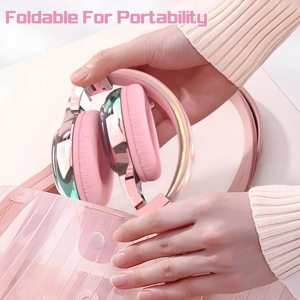 Glossy Gradient Pink Bluetooth5.3 Headphone For Girl Wireless Headphone with Mic Over Ear Headset Gift - EYESPHERE