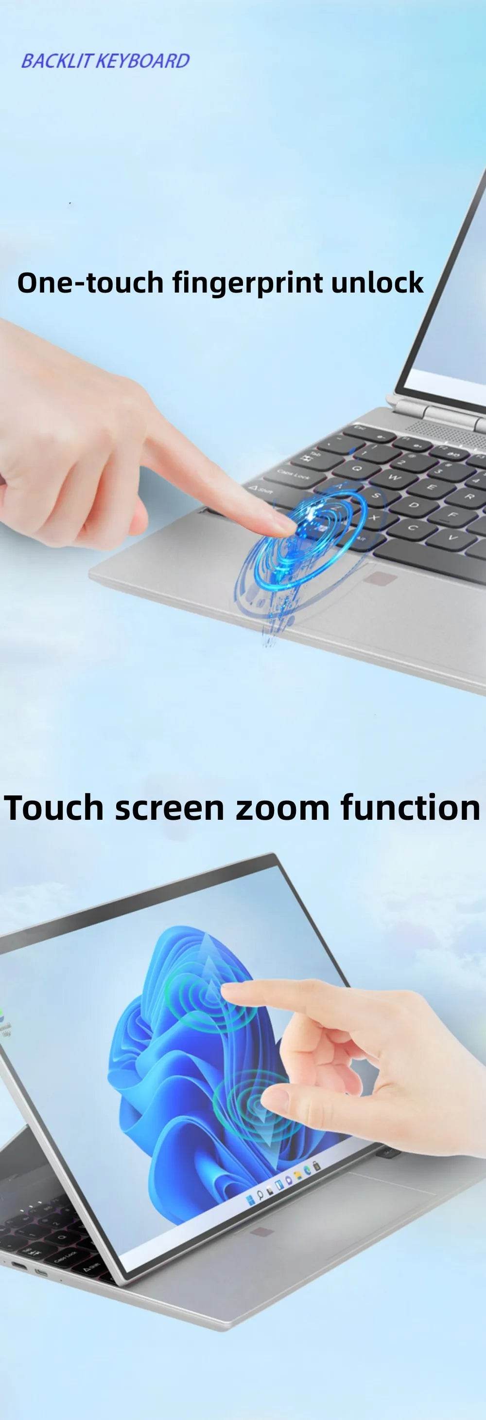 360° Rotating 14.0'' IPS Touch Screen 32G 128G-1T Laptop N95 Windows 11 Notebook 4 In 1 Tablet Business Office Slim Touch ID RGB - EYESPHERE