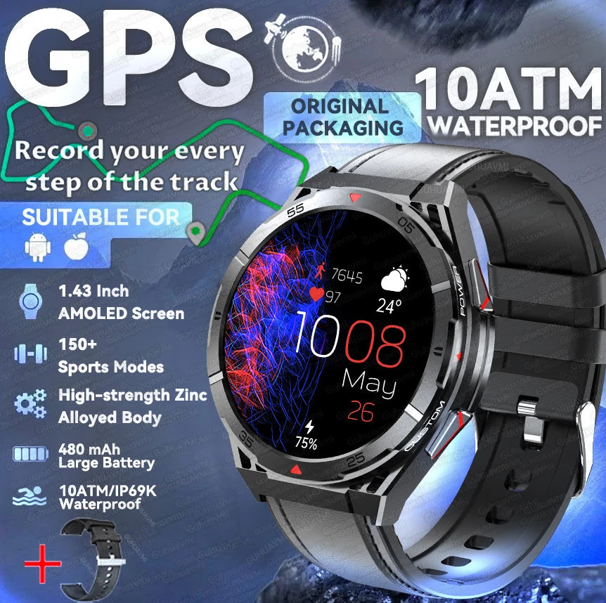 New Military Sports High-precision GPS Smart Watch Men 1.43" Compass 480mAh IP68 Waterproof Bluetooth Call Watch For Android IOS