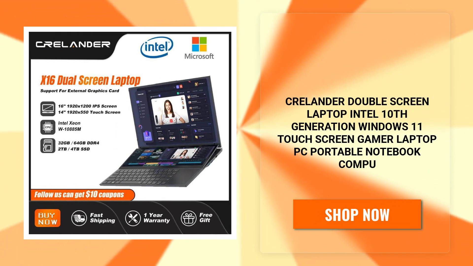 CRELANDER Double Screen Laptop Intel 10th Generation Windows 11 Touch Screen Gamer Laptop PC Portable Notebook Compu by@Outfy