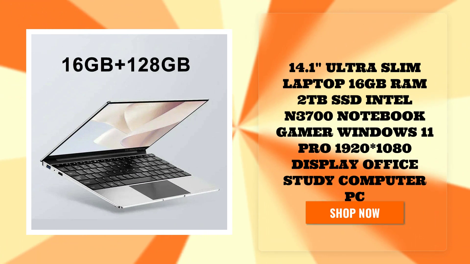 14.1&quot; Ultra Slim Laptop 16GB RAM 2TB SSD Intel N3700 Notebook Gamer Windows 11 Pro 1920*1080 Display Office Study Computer PC by@Outfy